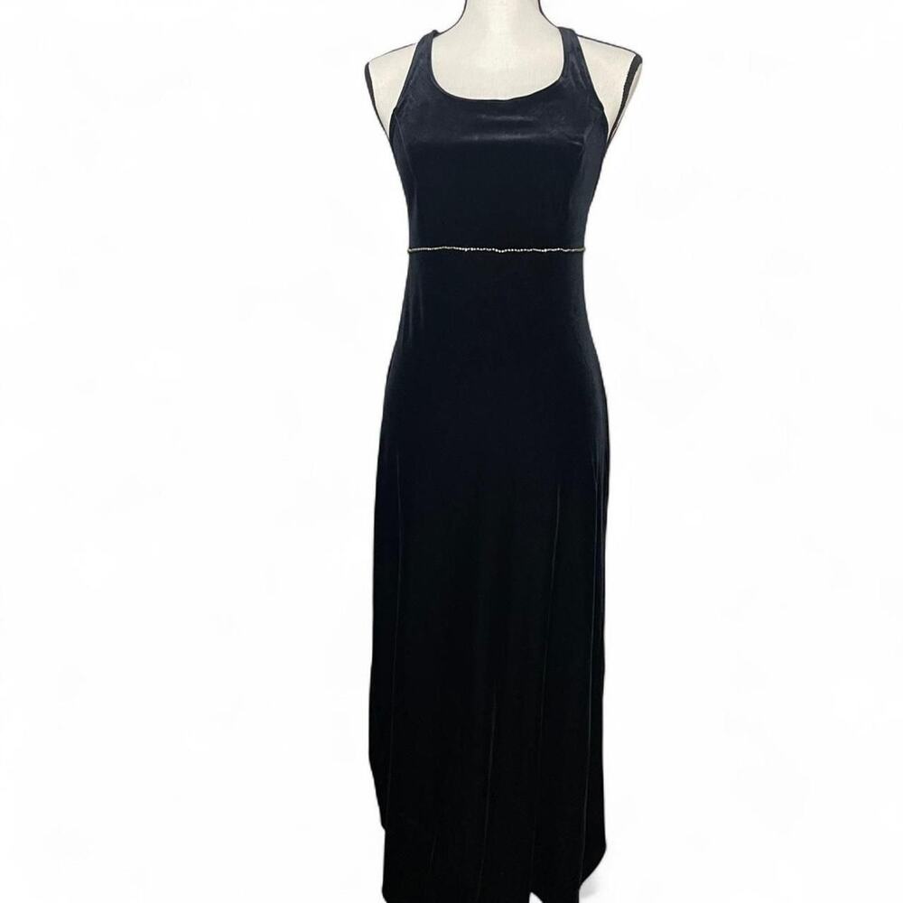 Vintage Y2K Black Velvet Maxi Dress Gown Crystal Beaded Waist Open Back Size 8